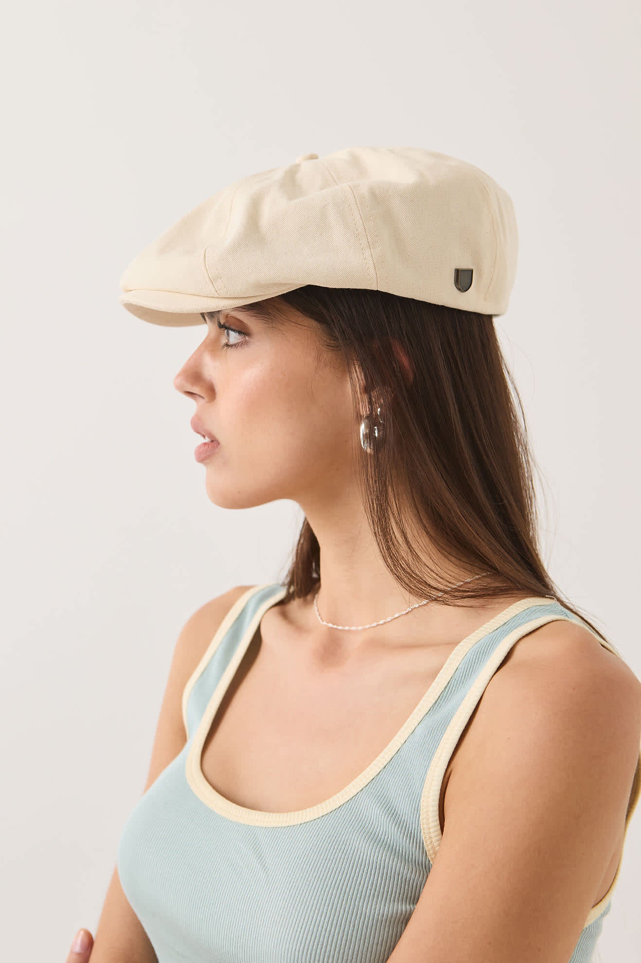 Unisex Brood Newsboy Cap in the color Egret White - Women's Side View