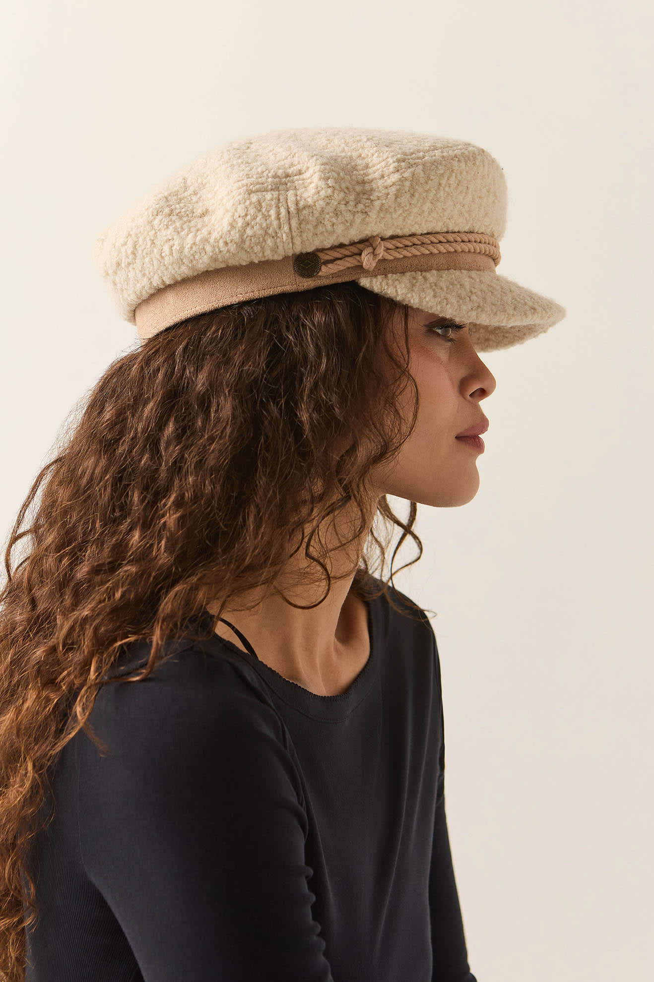 Unisex Fiddler Fisherman Cap in the color Natural Sherpa/Faux Suede - Women's Side View