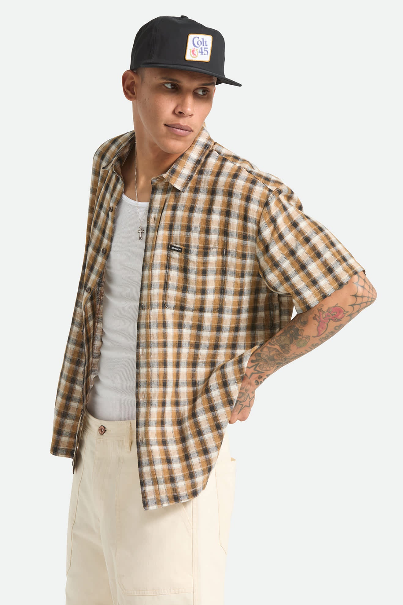 Men's Cru Linen Blend Plaid Short Sleeve Shirt in the color Black/Tobacco Plaid - Men's Side View