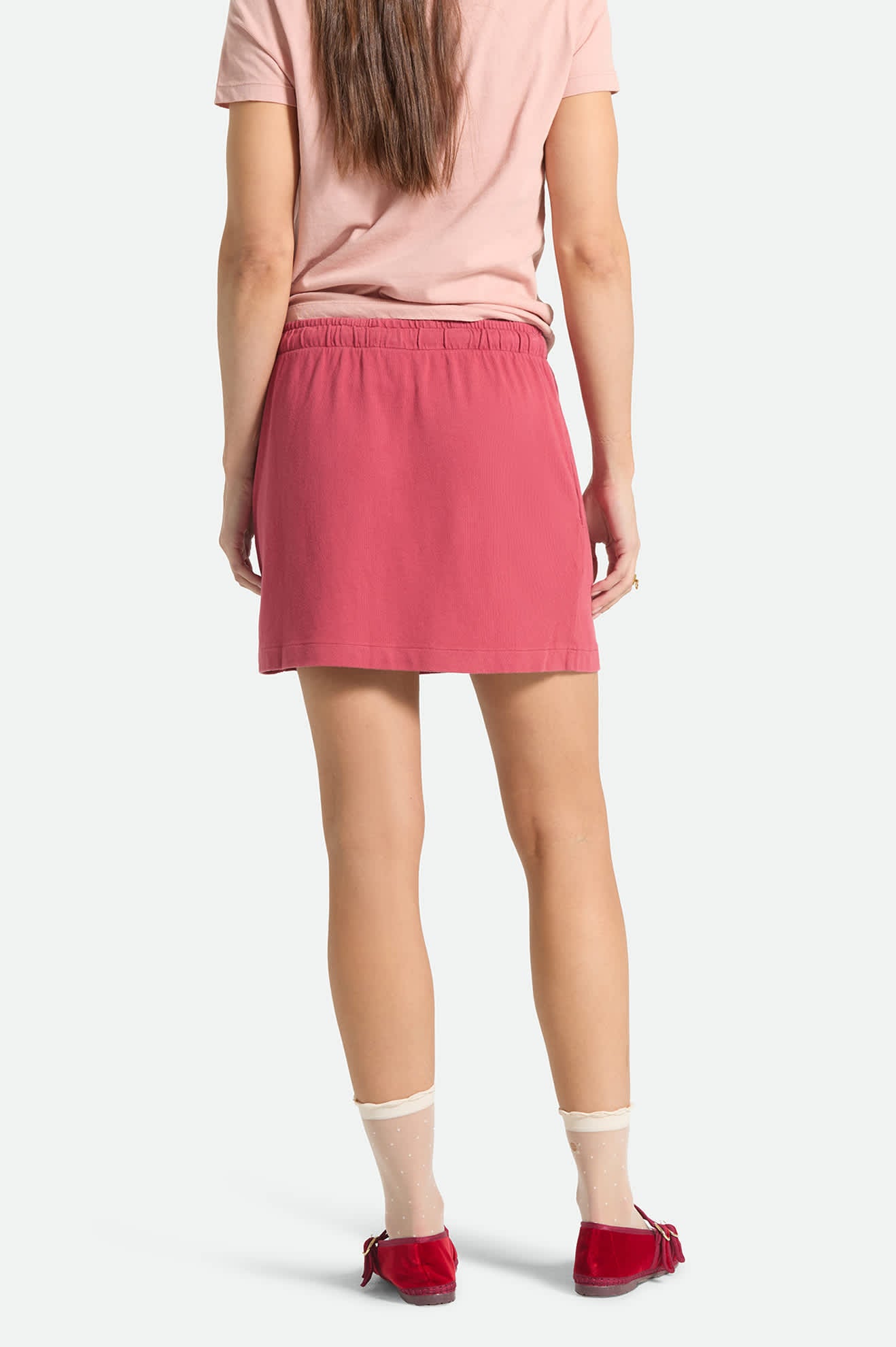 Women's Carefree Organic Garment Dye Lounge Skirt in the color Robust Red - Women's Back View