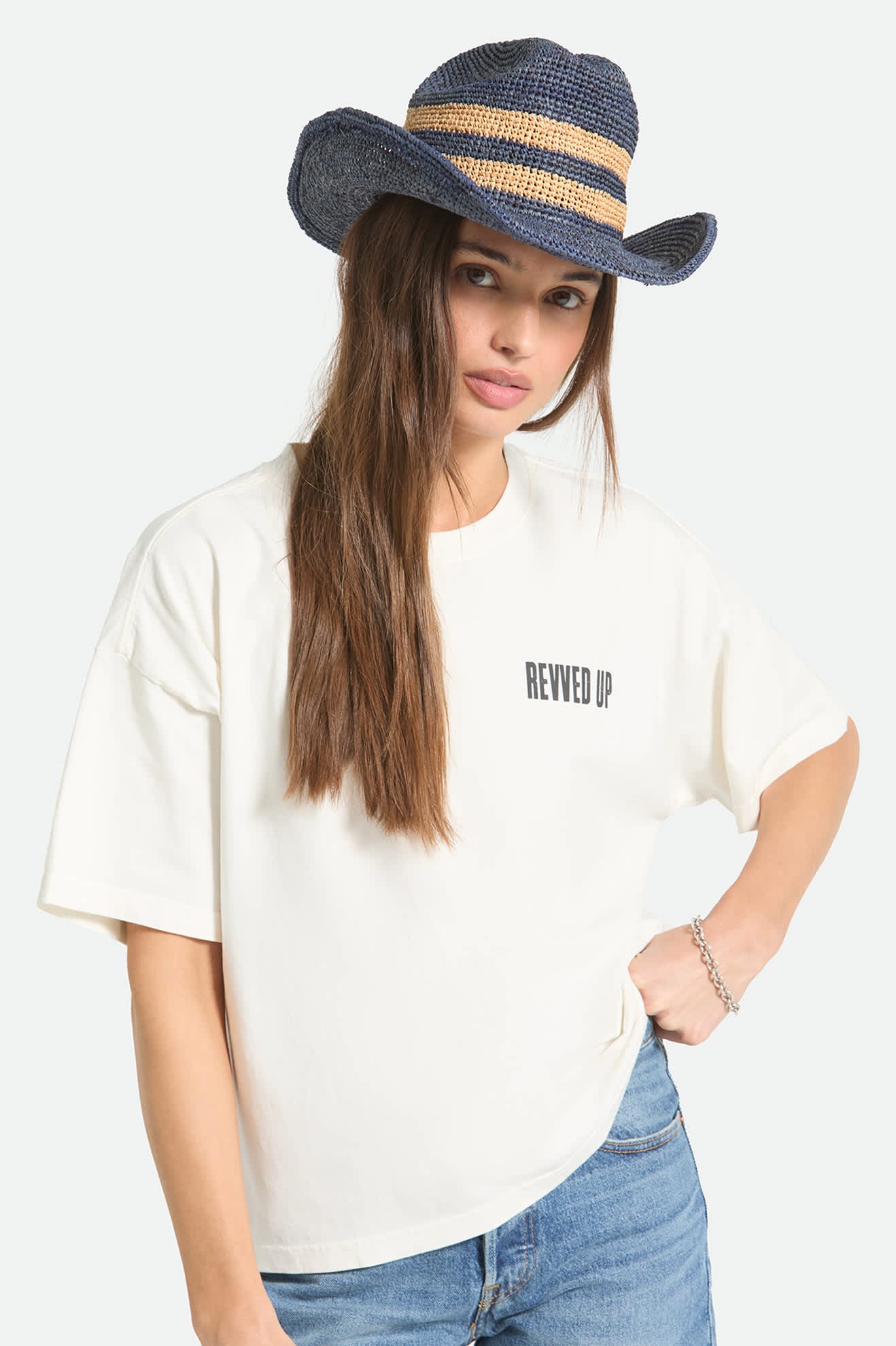 Women's Odessa Straw Packable Cowboy Hat in the color Midnight Blue/Tan Stripe - Women's Front View
