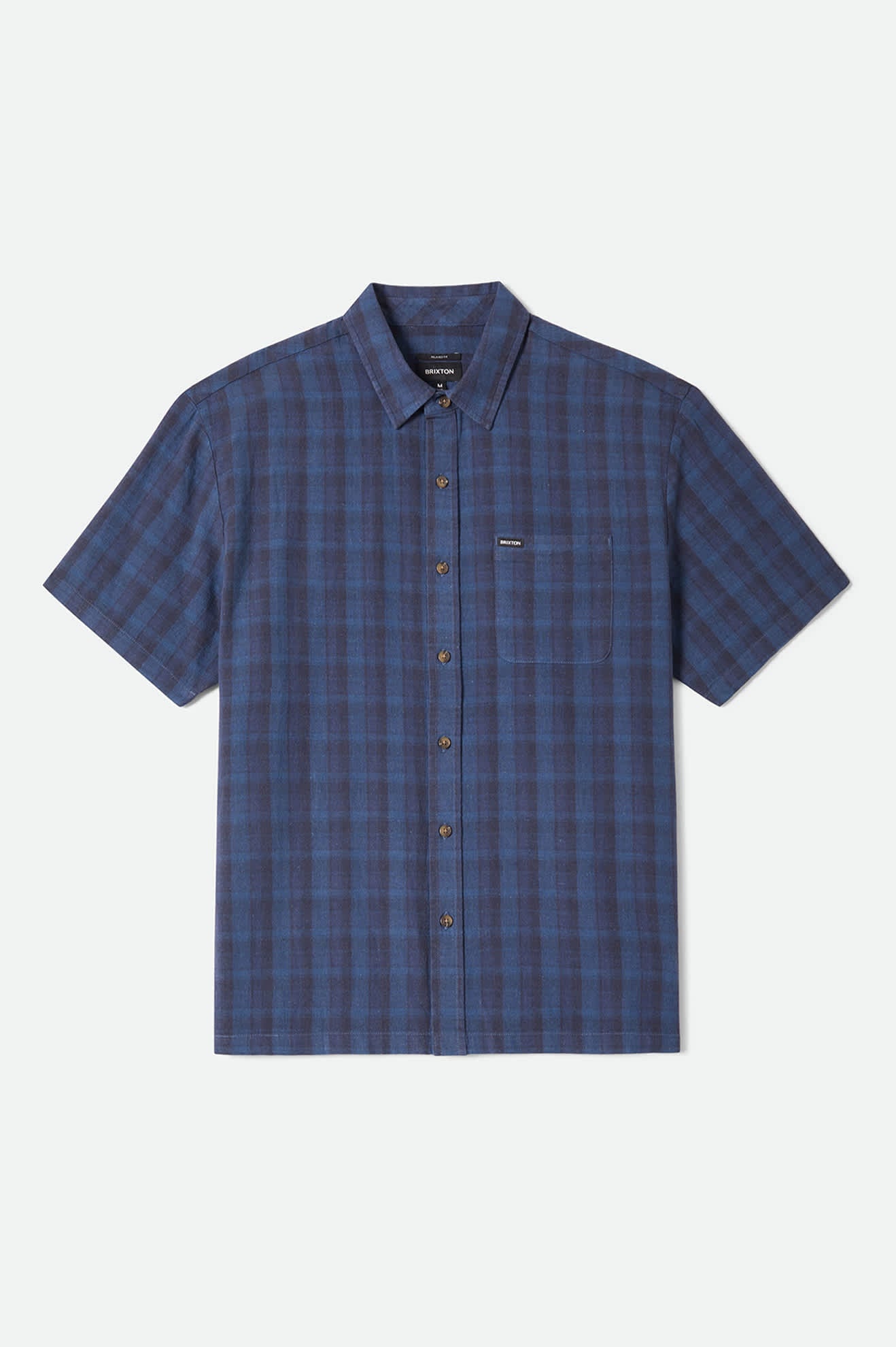 Men's Cru Linen Blend Plaid Short Sleeve Shirt in the color Dark Blue/Black Plaid - Front Product View