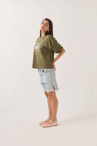 Women's Your Destination Awaits Boxy Crop Top in the color Dark Olive - Women's Side View