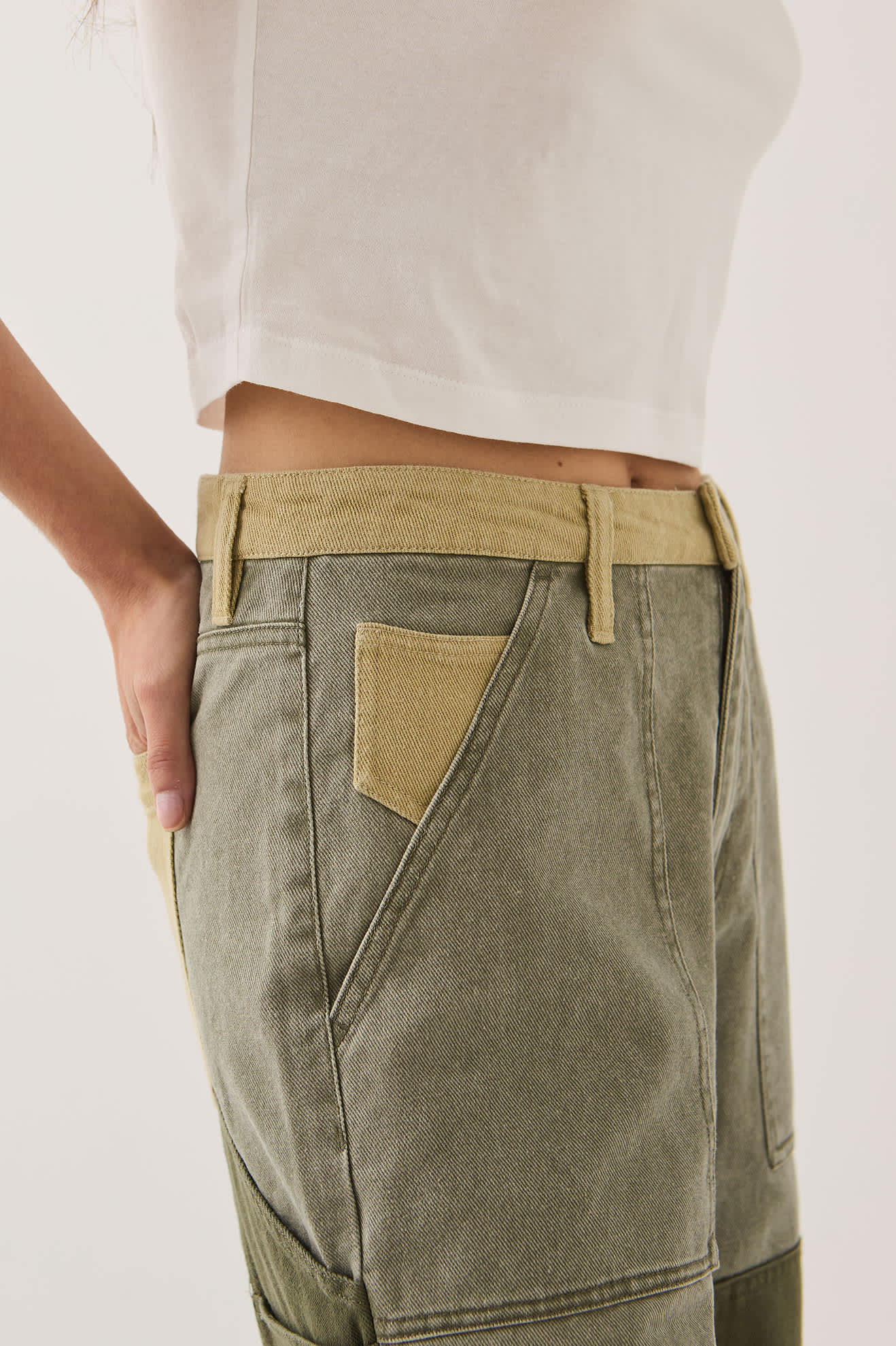 Women's Essex Patchwork Painter Pant in the color Vintage Olive Patchwork - Additional Fit image