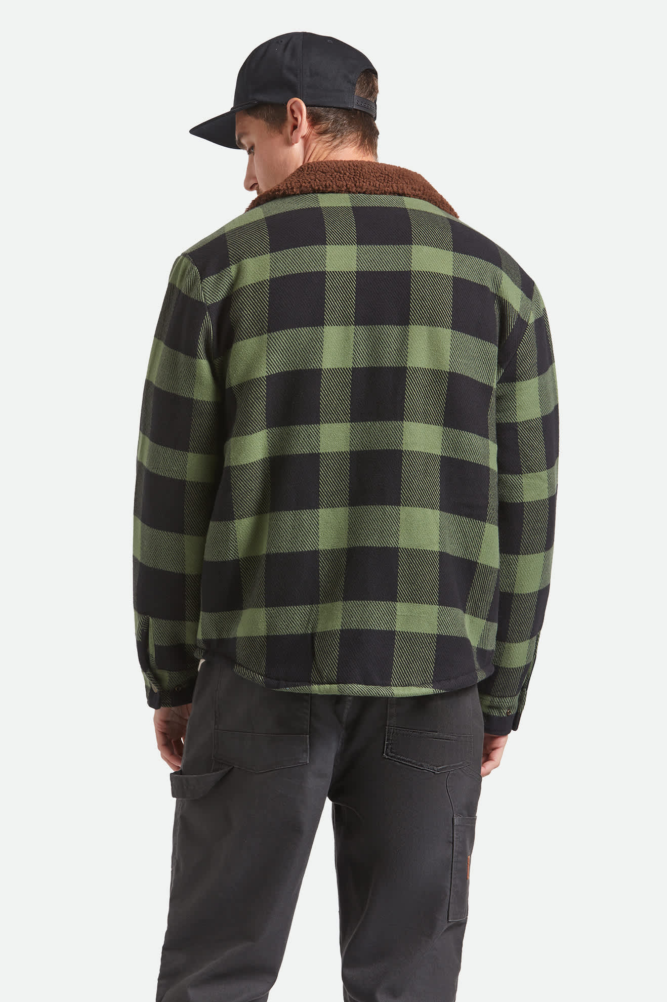 Men's Durham Sherpa Lined Jacket in the color Black/Wild Green Flannel - Men's Back View