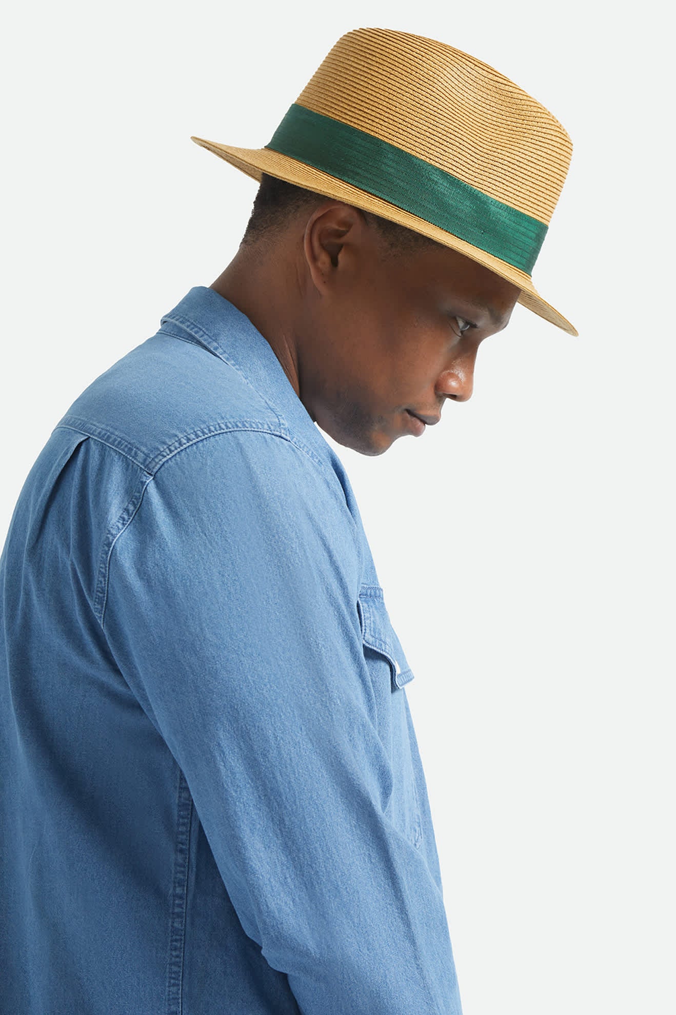 Unisex Roma Straw Packable Fedora in the color Dark Tan/Primal Green - Additional Fit image