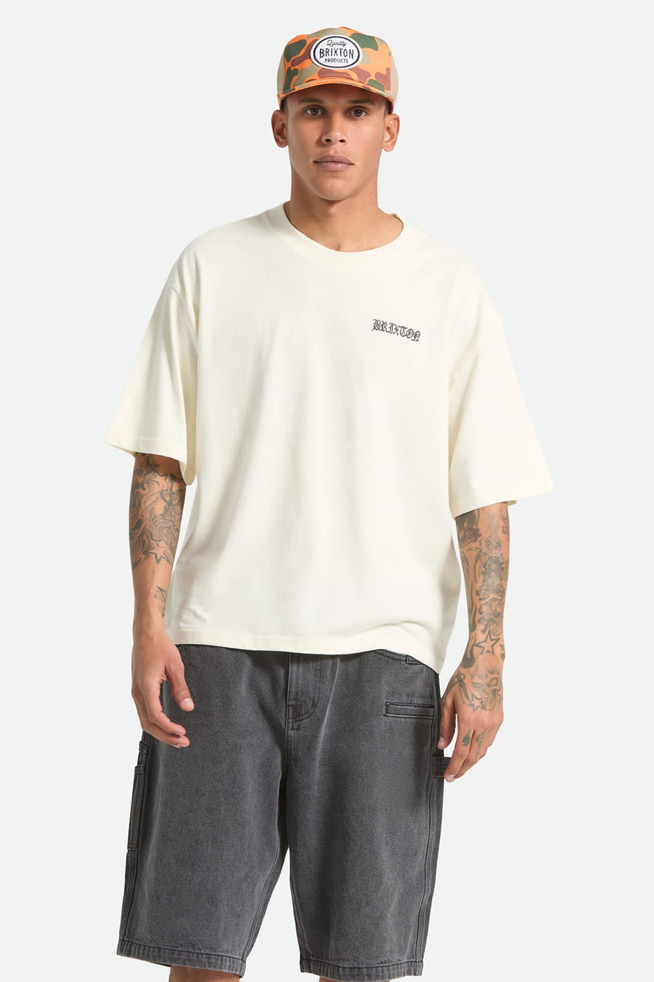 Men's Serrano Short Sleeve Boxed Crop T-Shirt in the color Cream - Men's Front View