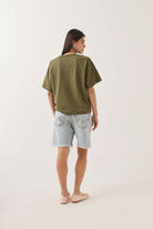 Women's Your Destination Awaits Boxy Crop Top in the color Dark Olive - Women's Back View