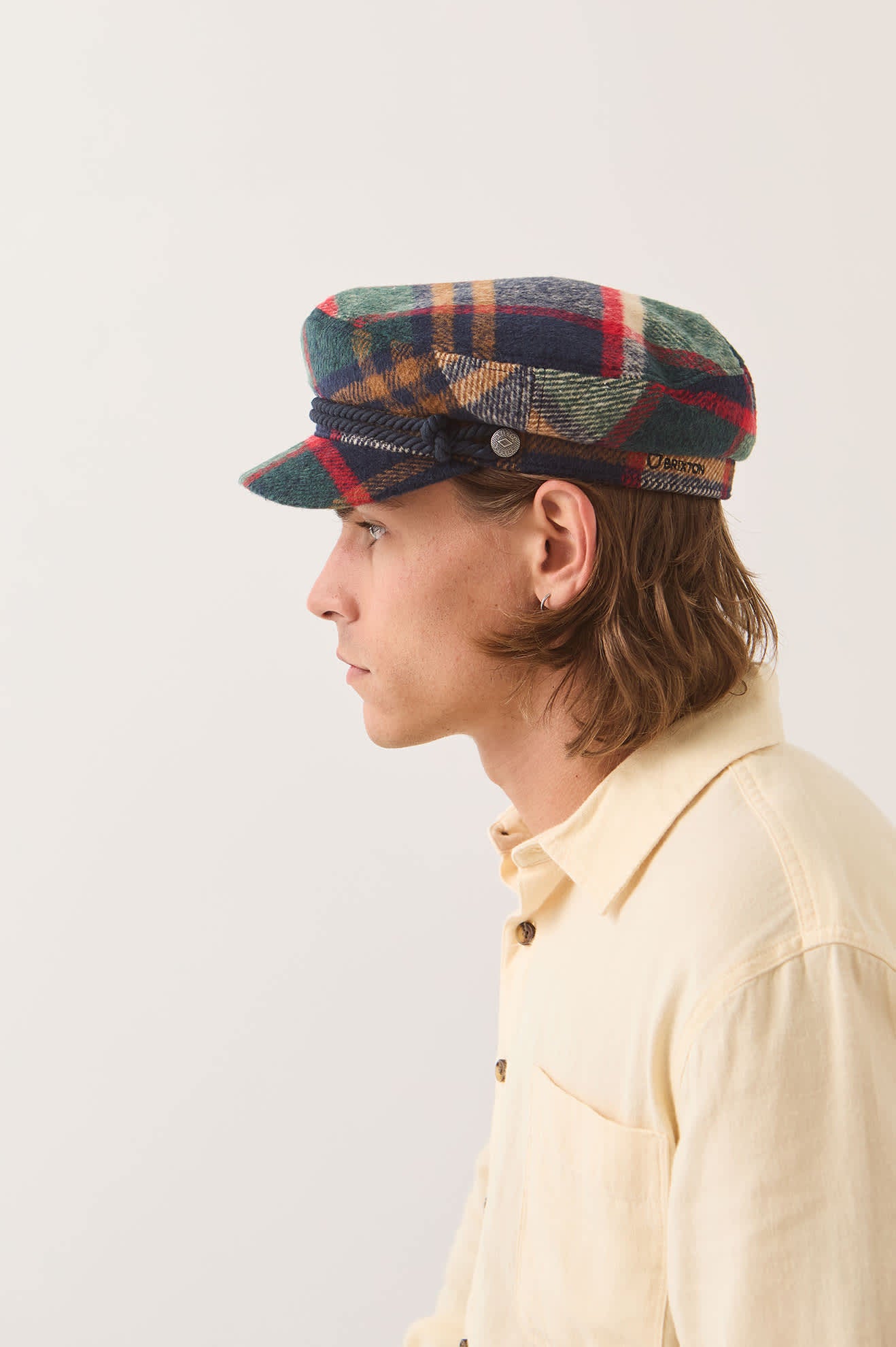Unisex Fiddler Fisherman Cap in the color Navy/Green/Red/Cream - Men's Side View