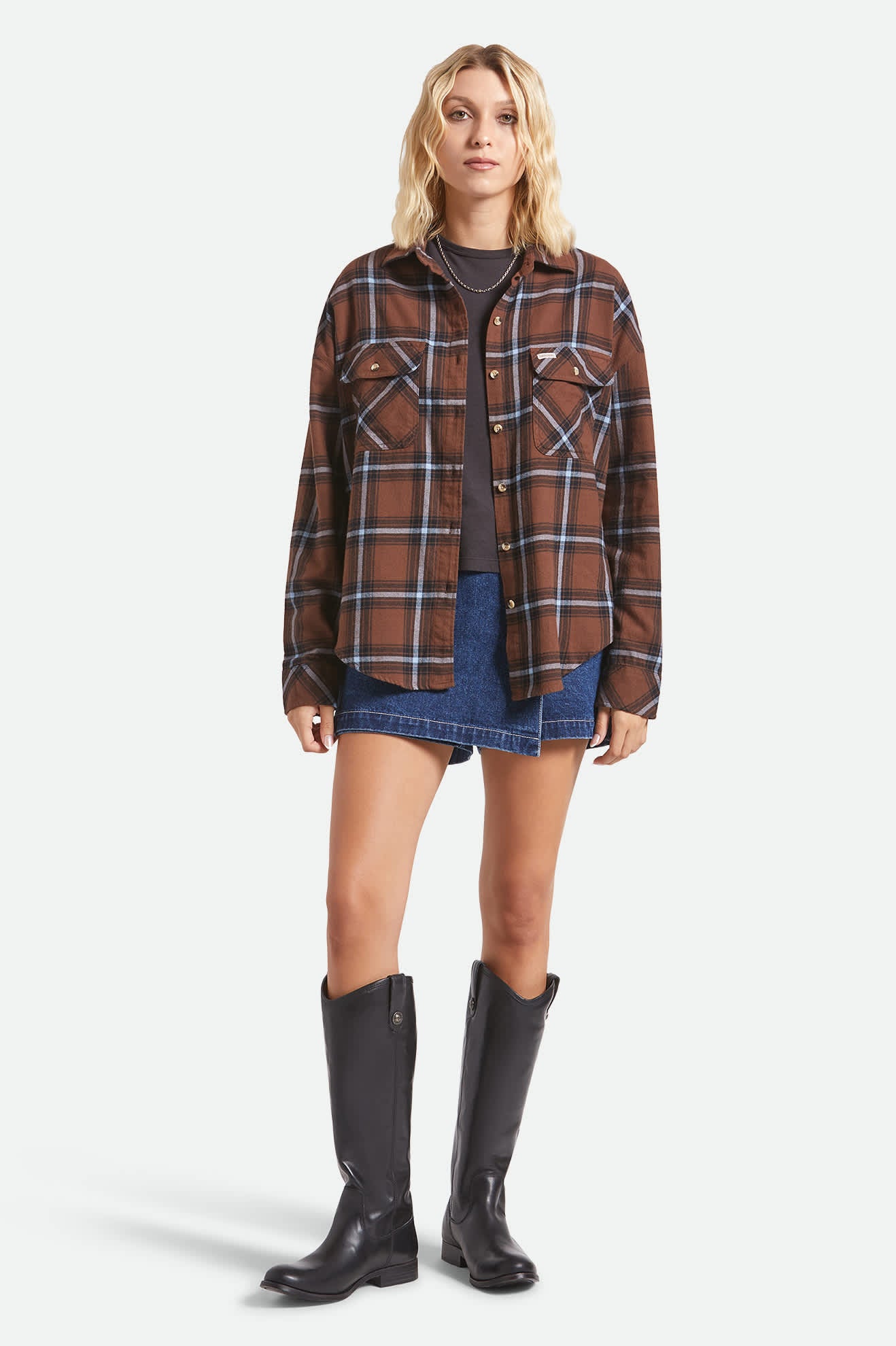 Women's Bowery Vintage Overshirt in the color Pinecone Brown/Black/Borrowed Blue - Additional Fit image