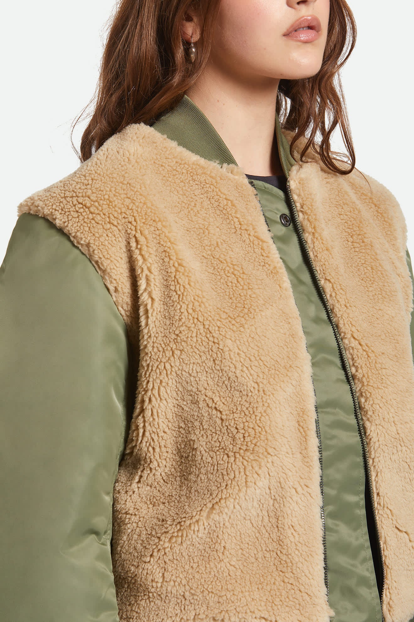 Women's Sherpa Surplus Bomber Jacket in the color Olive Surplus - Additional Fit image