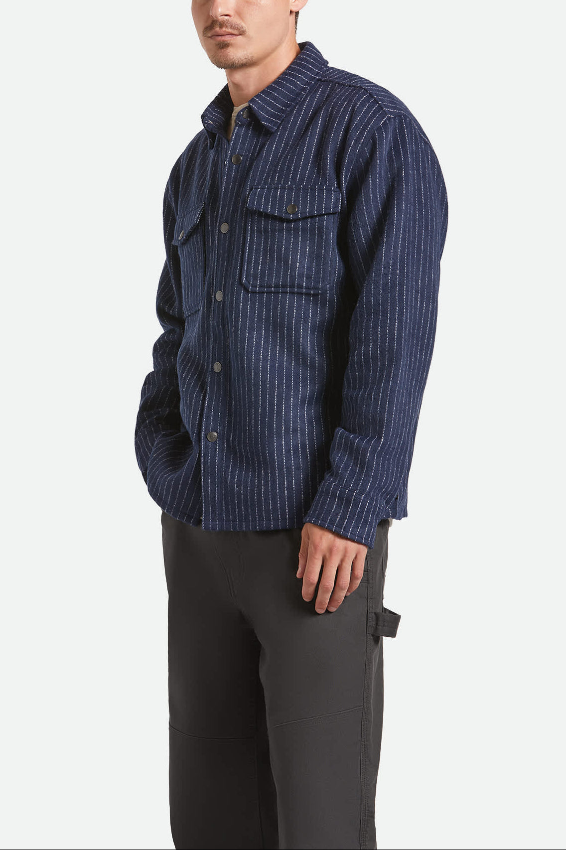 Men's Selden Soft Brushed Flannel in the color Mood Indigo Pinestripe - Men's Front View