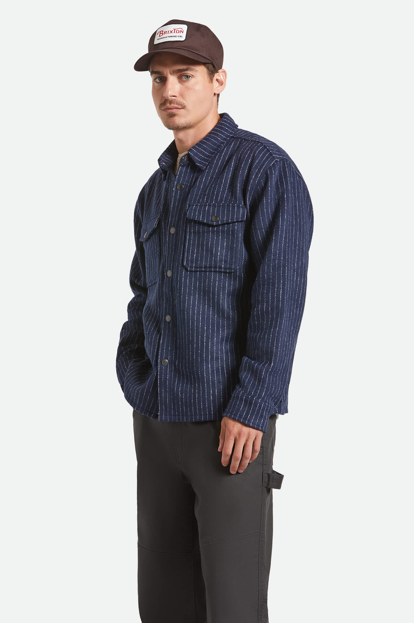 Men's Selden Soft Brushed Flannel in the color Mood Indigo Pinestripe - Men's Front View