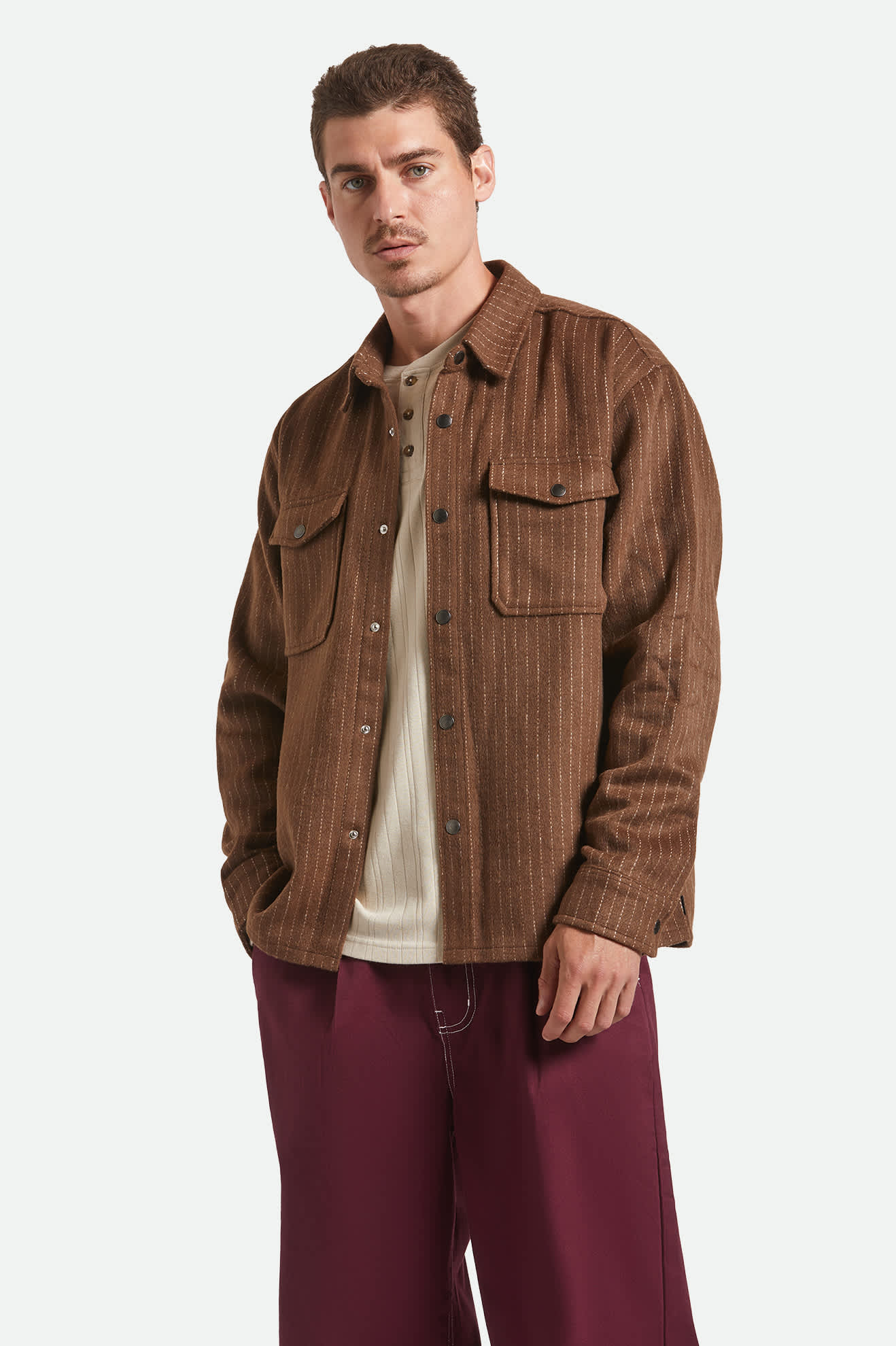 Men's Selden Soft Brushed Flannel in the color Pinecone Brown Pinestripe - Men's Front View