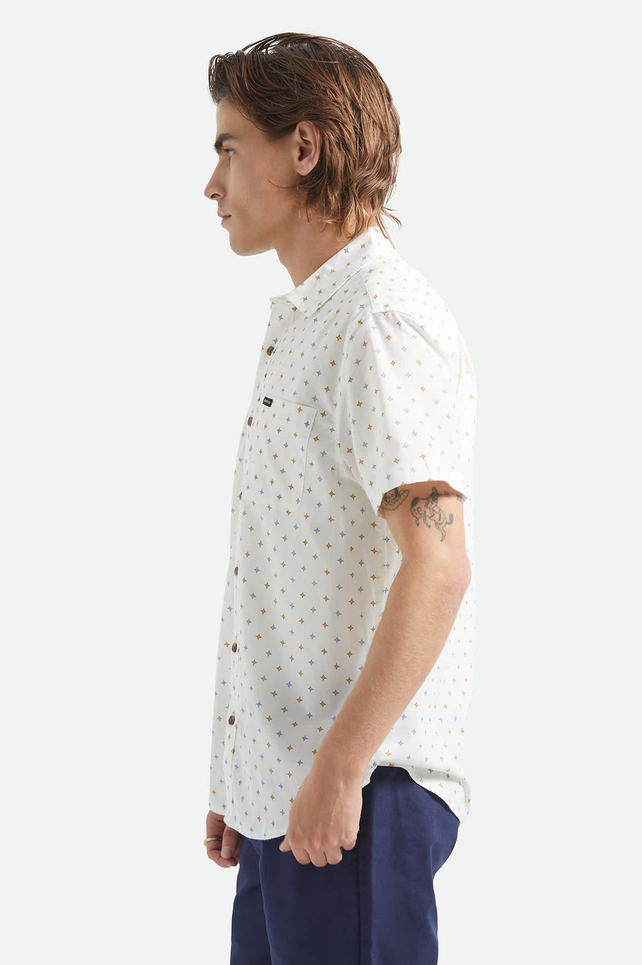 Men's Charter Print Short Sleeve Shirt in the color Off White/Multi Diamond Tile - Men's Side View