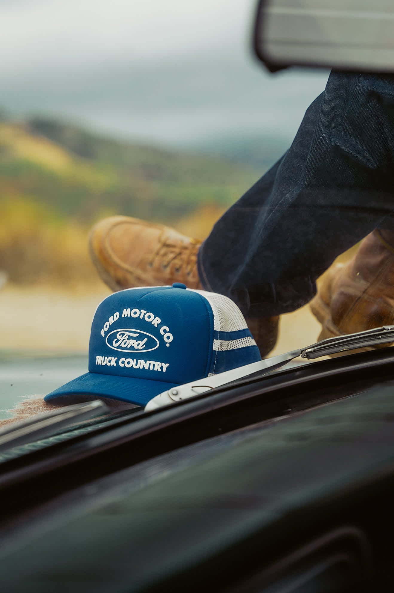 Unisex Ford Built Tough Trucker Hat in the color Ford Blue/Wimbledon White - Men's Lifestyle image