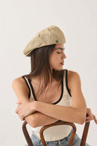 Unisex Hooligan Flat Cap in the color Khaki Stripe/Washed Black - Women's Back View