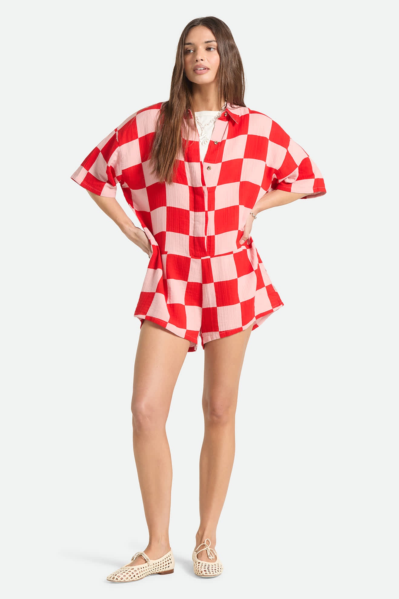 Women's The Getaway Romper in the color Silver Pink/Adrenaline Rush Checkerboard - Additional Fit image