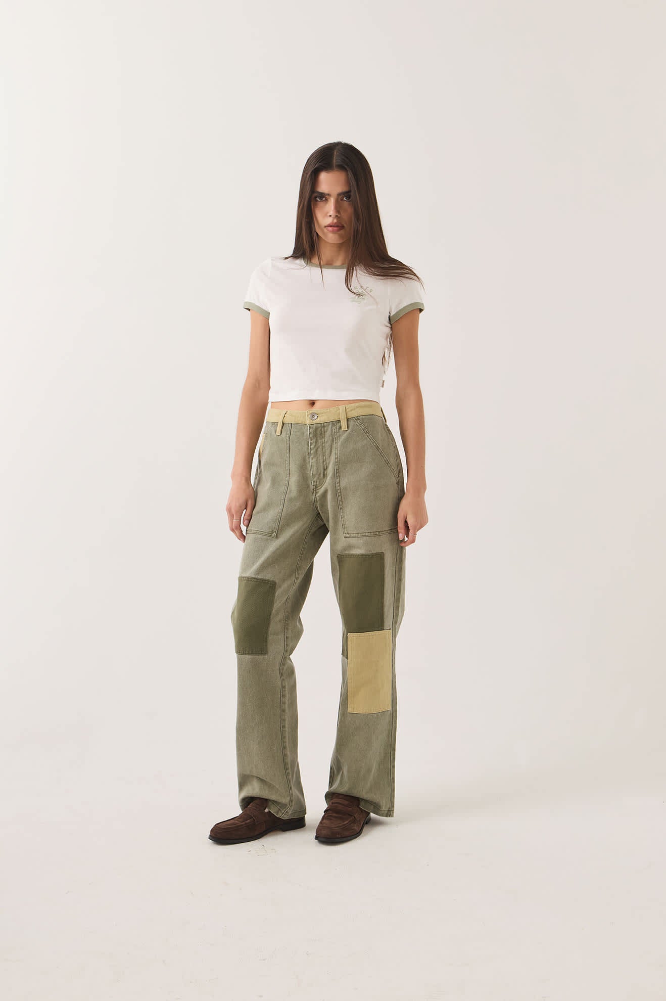 Women's Essex Patchwork Painter Pant in the color Vintage Olive Patchwork - Women's Front View