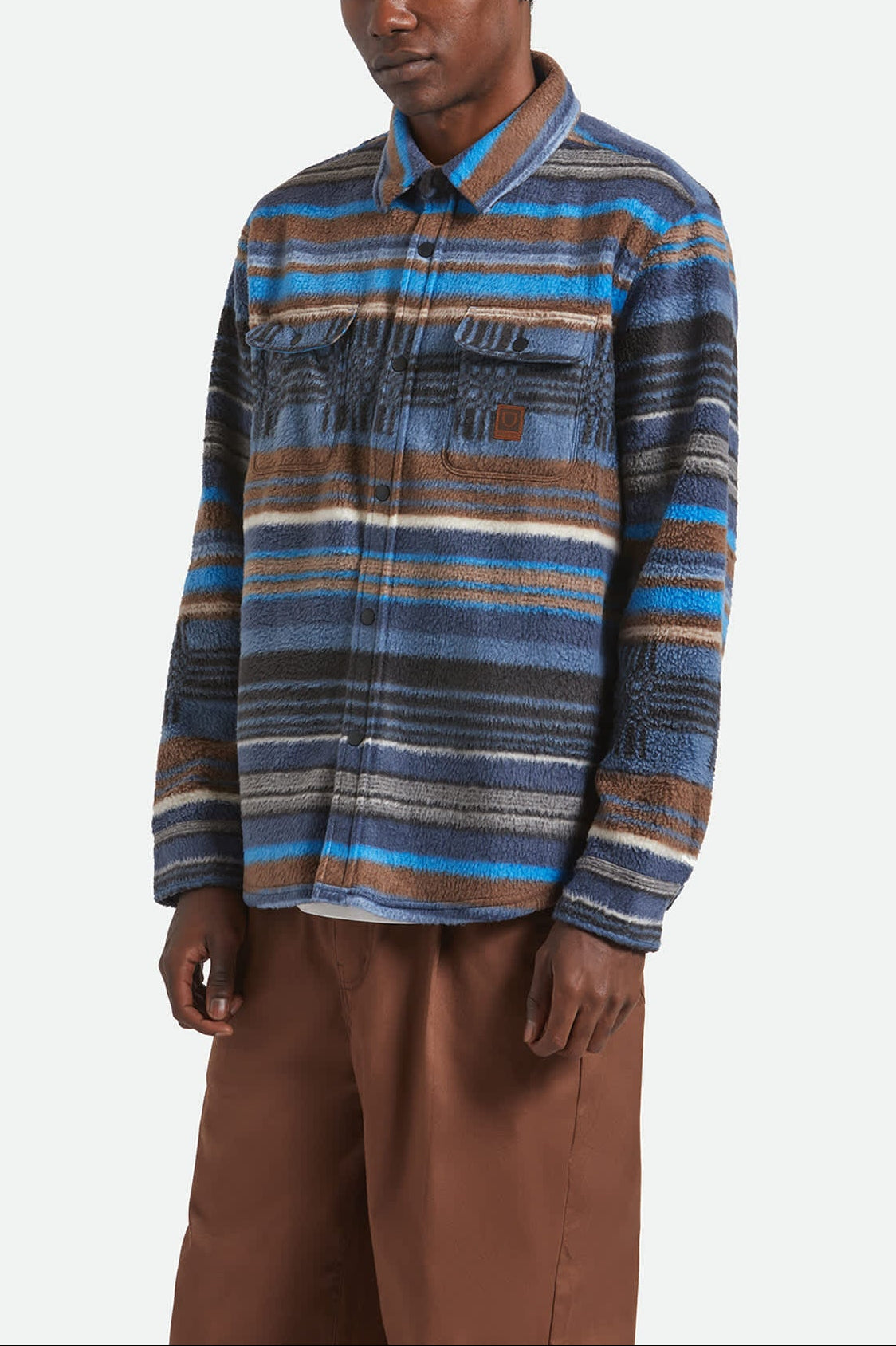 Men's Bowery Arctic Stretch Fleece in the color Mood Indigo Blanket Stripe - Men's Front View
