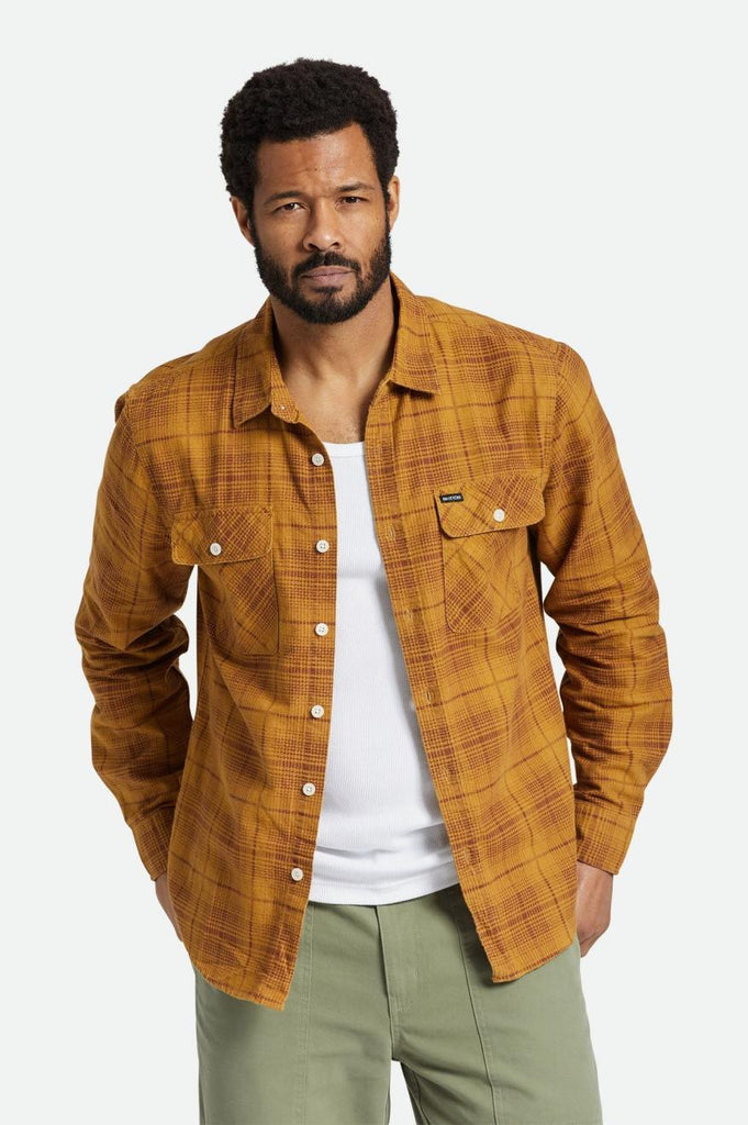Brixton Bowery Summer Weight L/S Flannel - Mustard/Brown/Red Brown