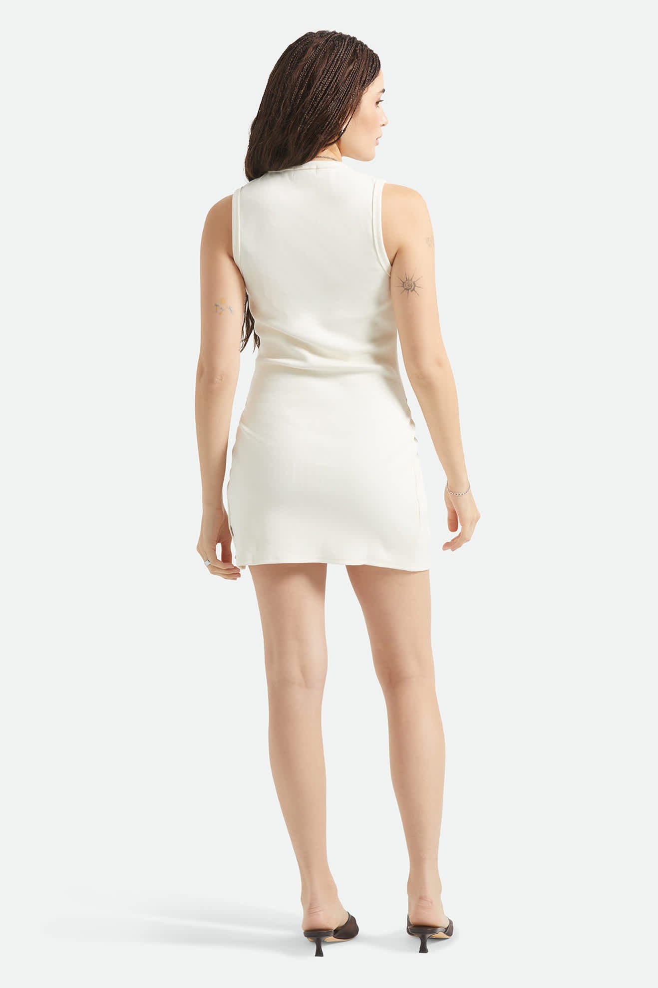 Women's Ribbed Cinch Mini Dress in the color Off White - Women's Back View