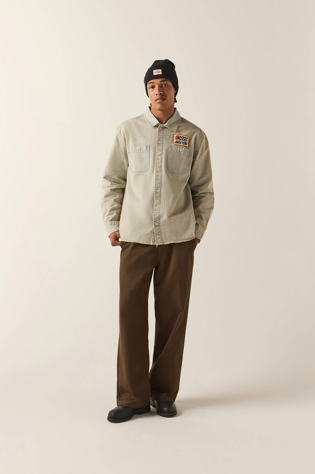 Men's 76 Mechanics Shirt in the color Navy/Off White Hickory Stripe - Men's Front View