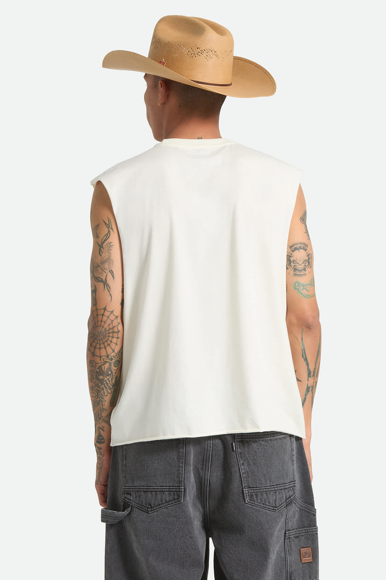 Men's Wolcott Worn In Boxy Muscle Tank in the color Off White - Men's Back View