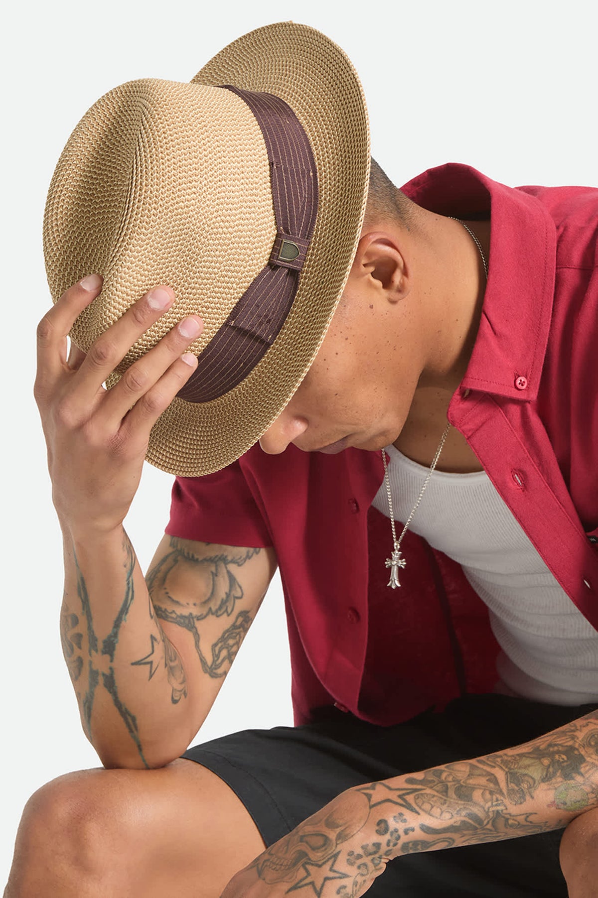Unisex Roma Straw Packable Fedora in Multi Brown/Chocolate  display picture 2
