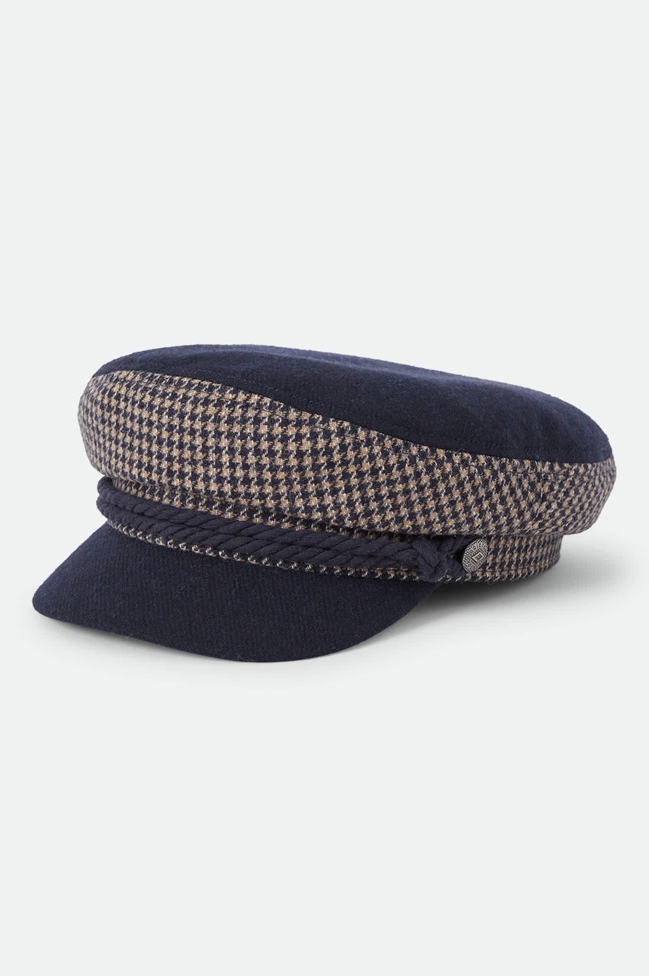 Unisex Fiddler Fisherman Cap in the color Navy/Sand Houndstooth - Front Product View