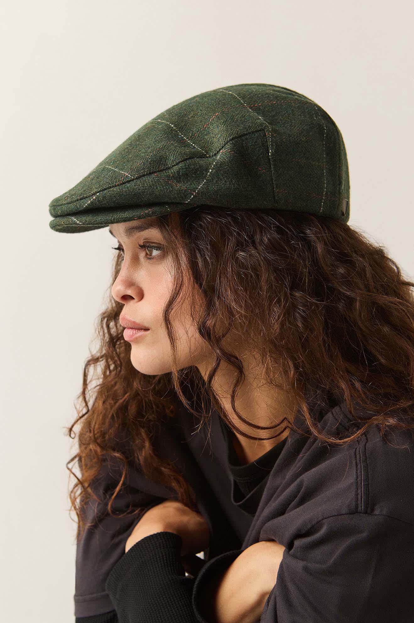 Unisex Hooligan Flat Cap in the color Moss/Orange - Women's Side View