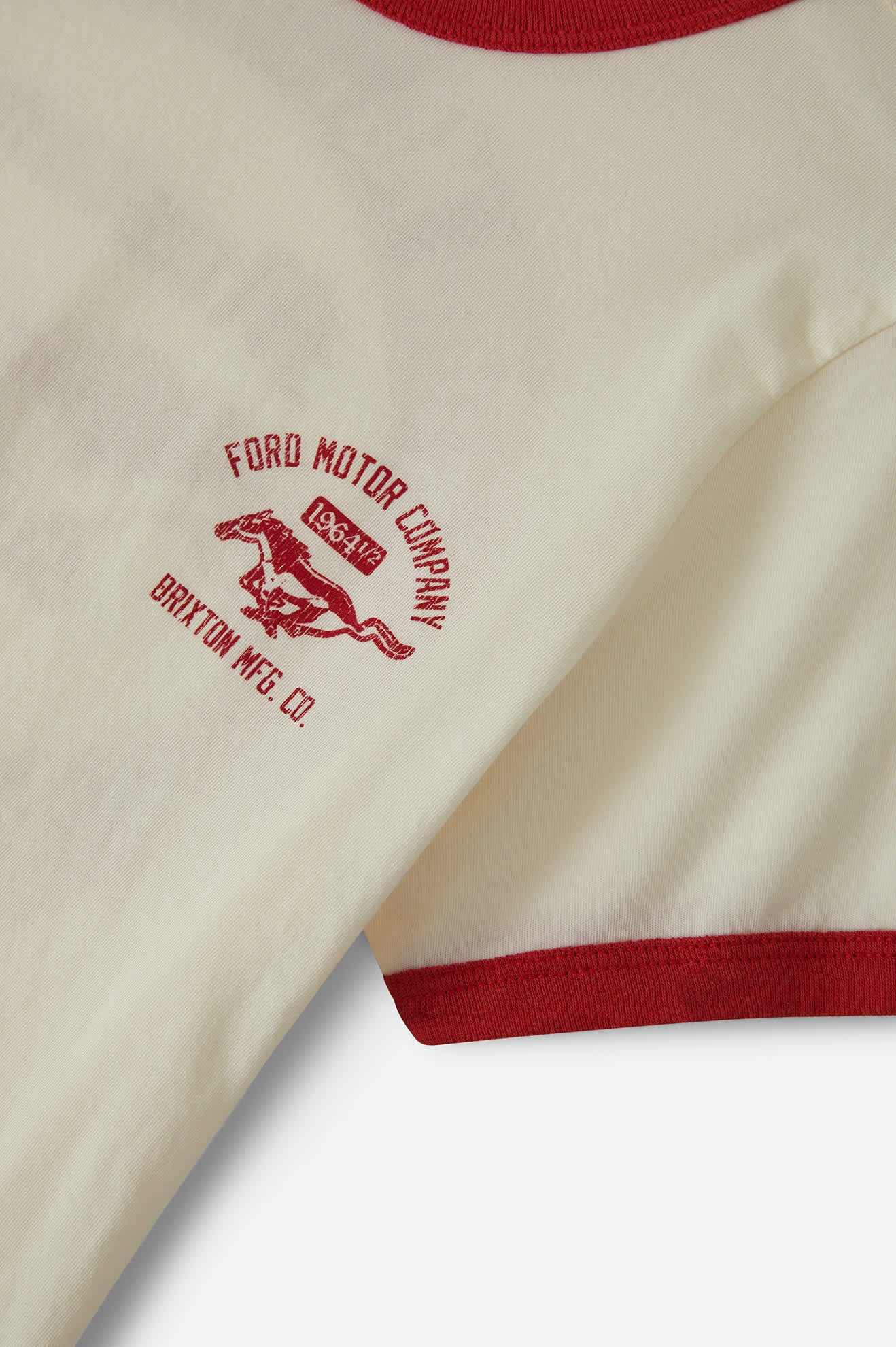 Women's Ford Mustang Baby Ringer T-Shirt in the color Wimbledon White - Additional Laydown image