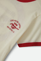 Women's Ford Mustang Baby Ringer T-Shirt in the color Wimbledon White - Additional Laydown image