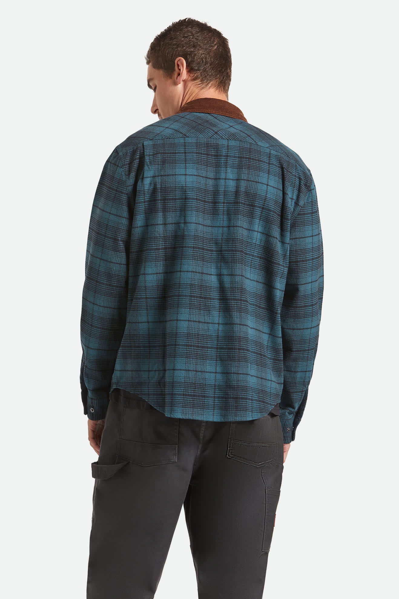 Men's Builders Bowery Stretch Water Resistant Flannel in the color Night Sage/Black - Men's Back View