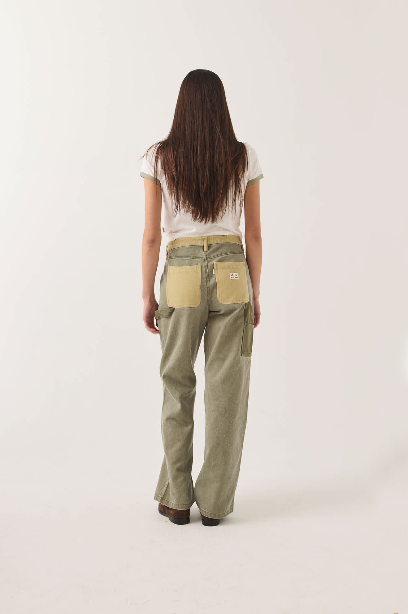 Women's Essex Patchwork Painter Pant in the color Vintage Olive Patchwork - Women's Back View