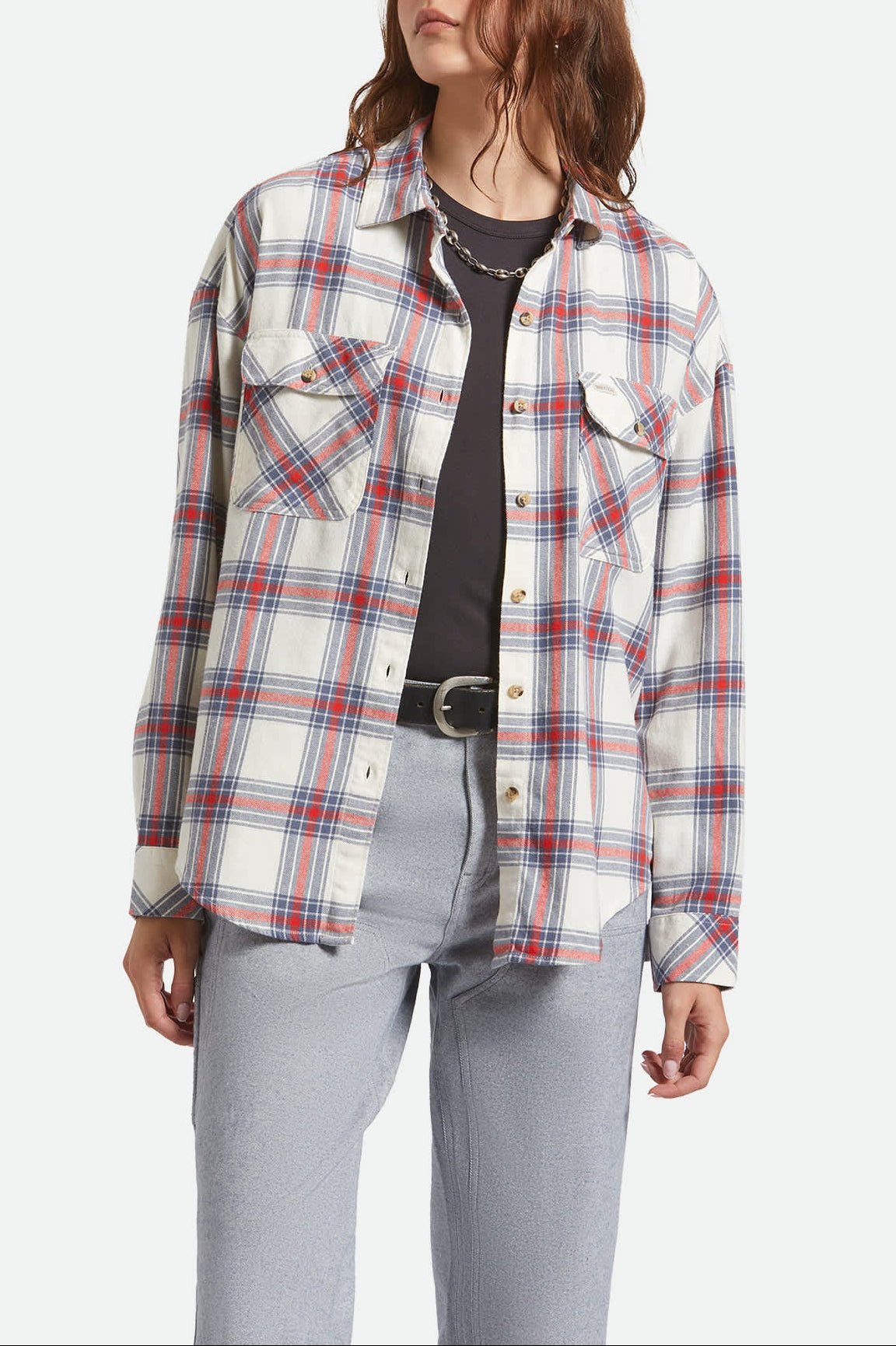 Women's Bowery Vintage Overshirt in the color Off White/Berring Sea/Red - Women's Front View