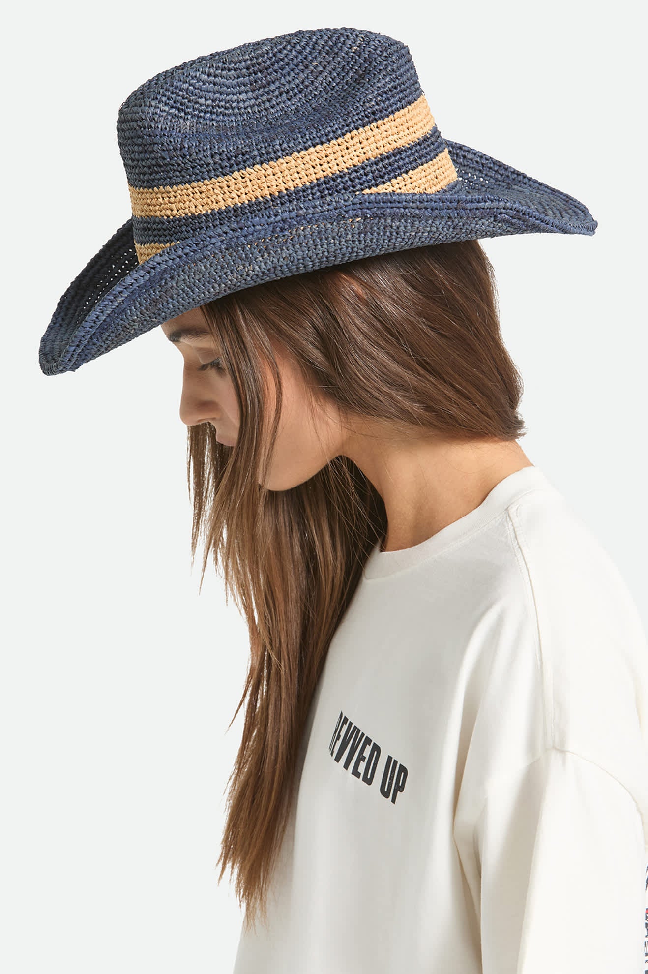 Women's Odessa Straw Packable Cowboy Hat in the color Midnight Blue/Tan Stripe - Women's Side View
