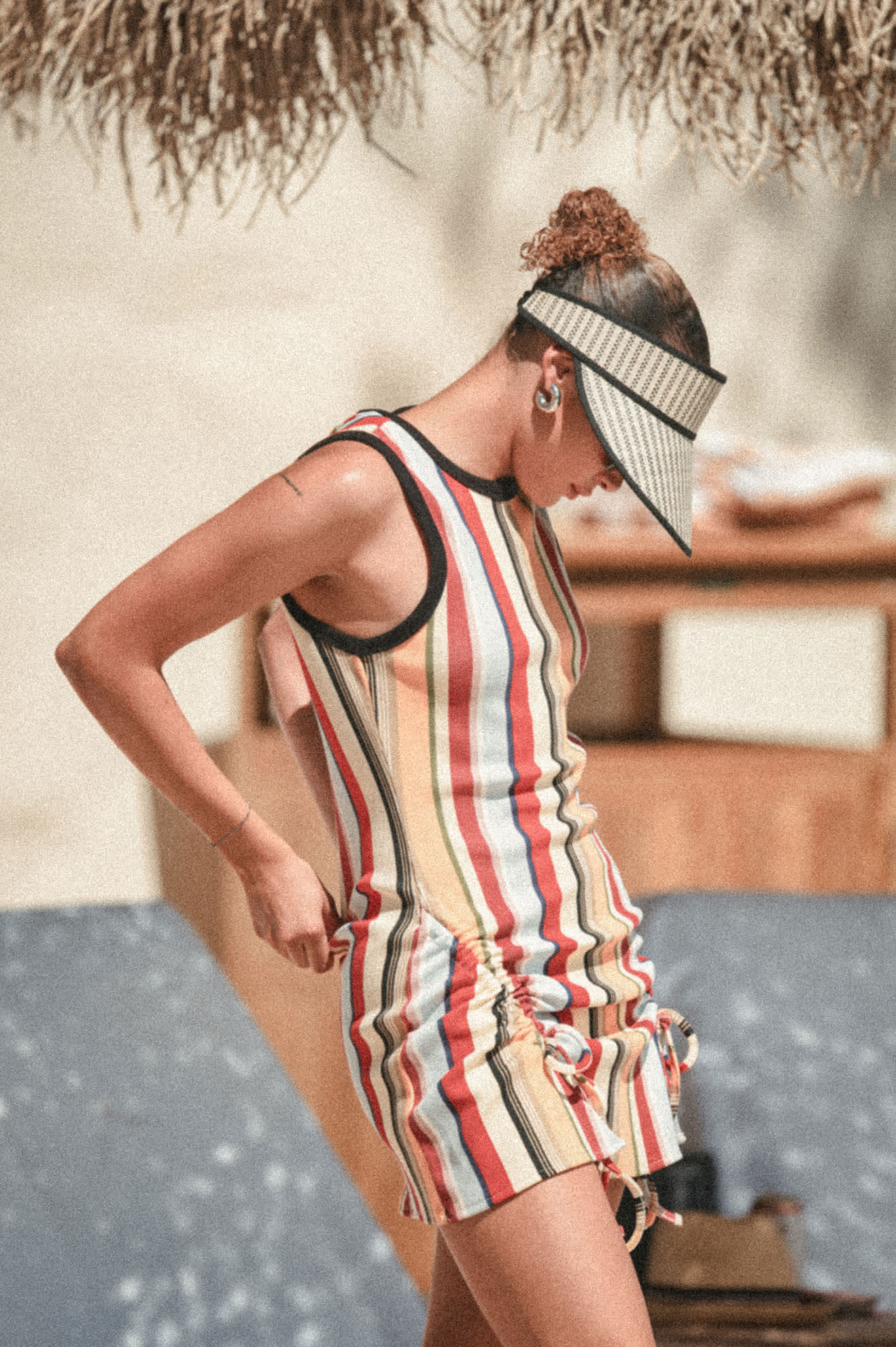 Women's Ribbed Cinch Mini Dress in the color Peach Cobbler Multi Stripe - Women's Lifestyle image