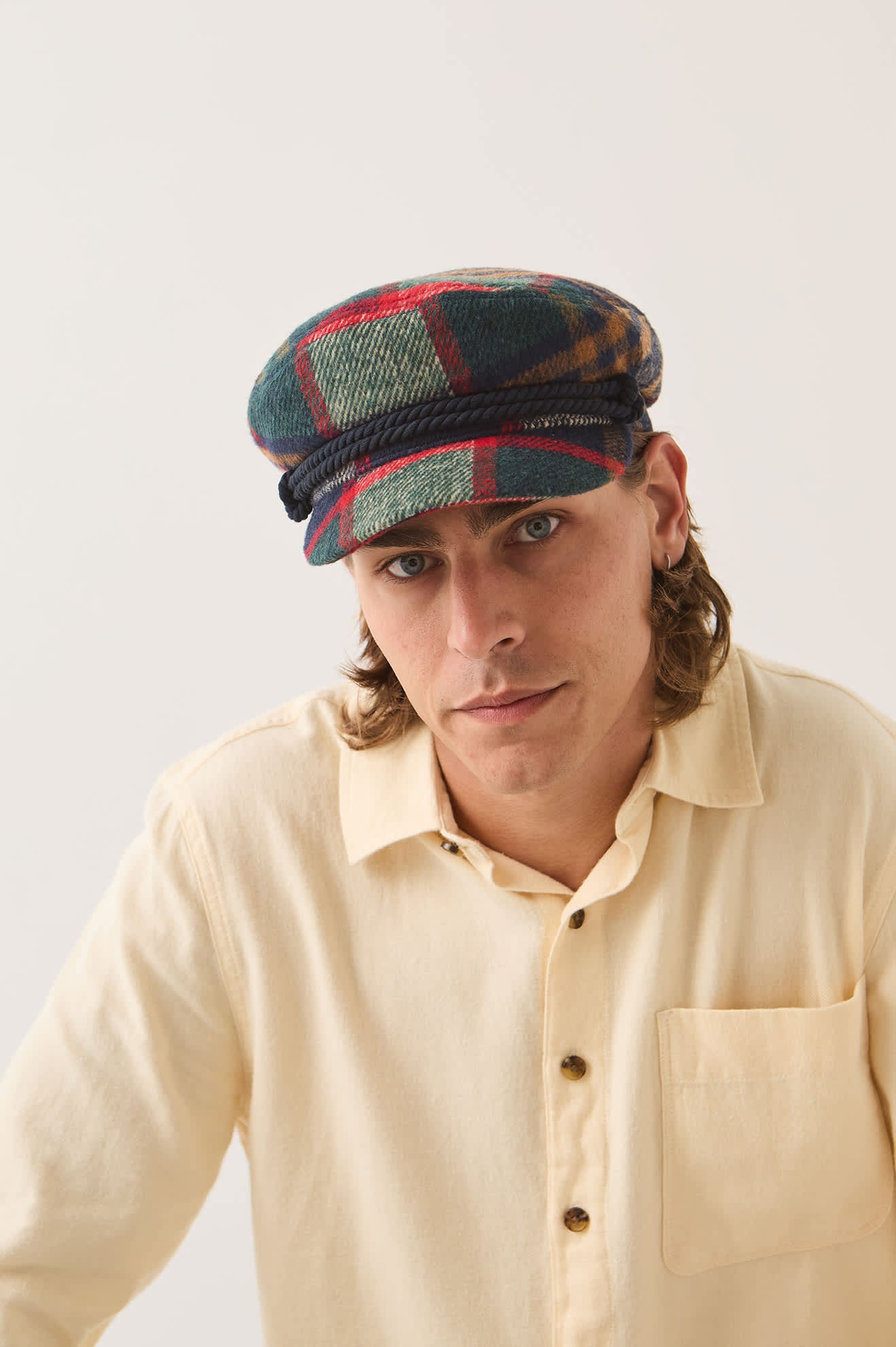 Unisex Fiddler Fisherman Cap in the color Navy/Green/Red/Cream - Men's Front View