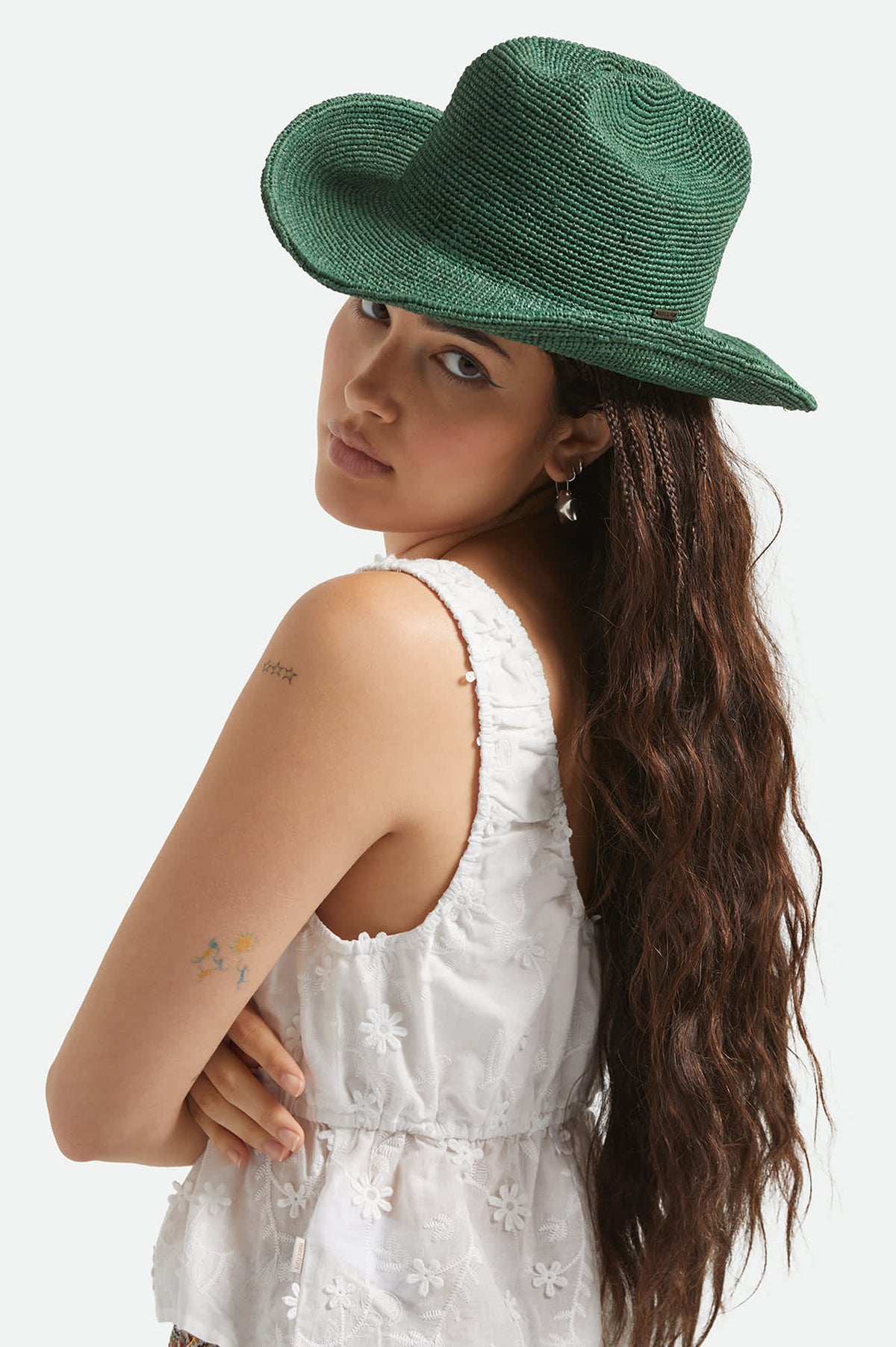 Off-White straw hat in Green Toyo Straw Safari Fedora Hat - Green Band – Village Hat Shop main image 3