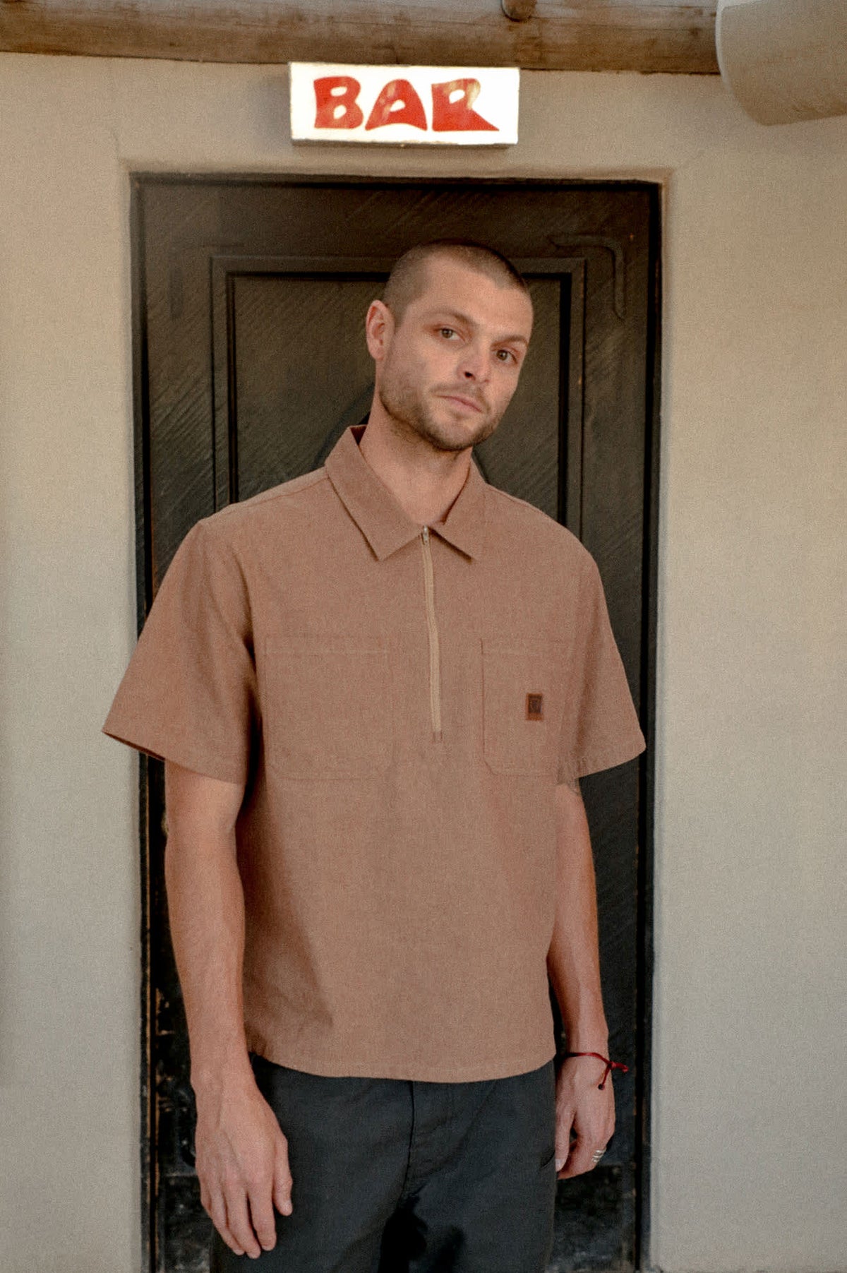 Brixton Brakeman Half Zip Short Sleeve Shirt in Brown
