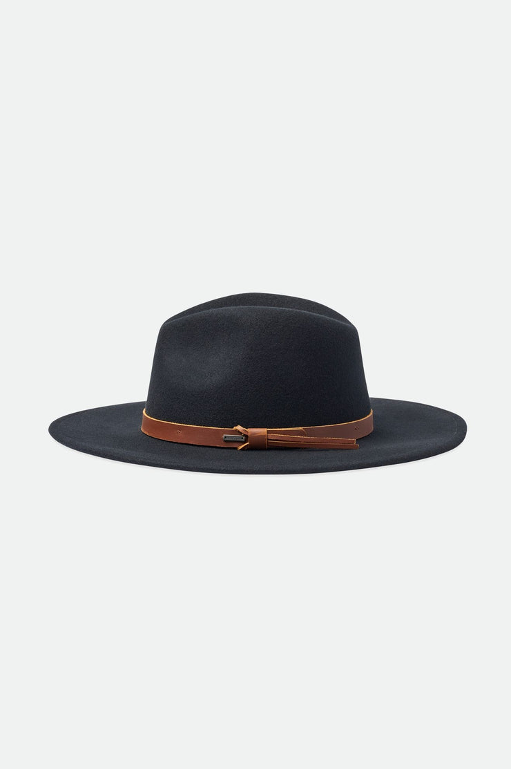 a black hat with brown band